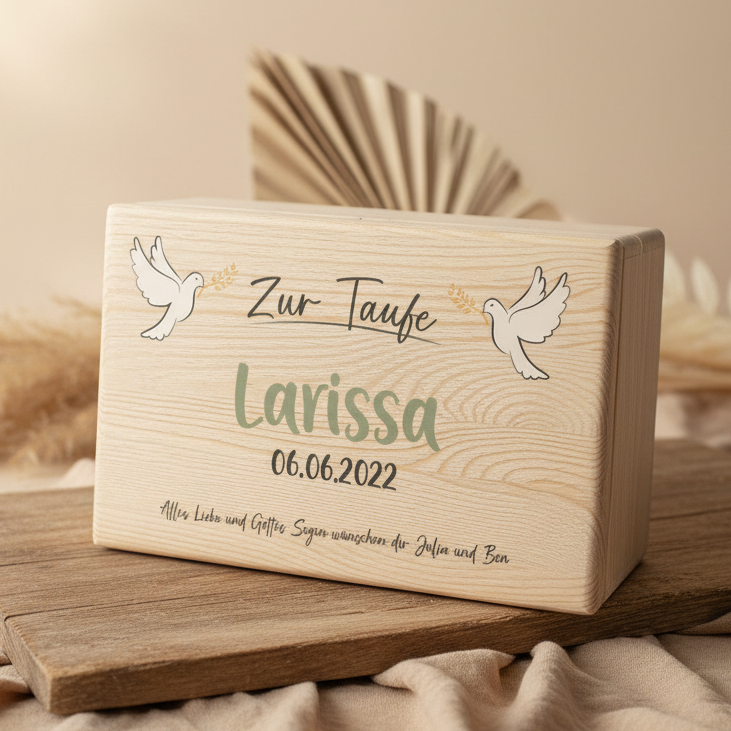 Personalisierte Erinnerungsbox zur Taufe mit Name und Taufdatum – hochwertiges Taufgeschenk von Schmatzepuffer.