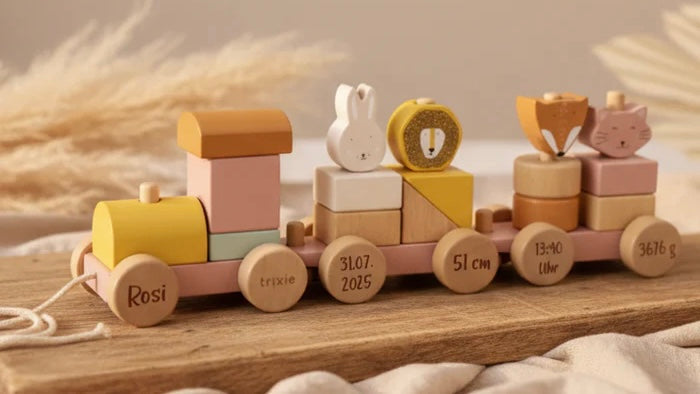 Personalisierter Holzzug mit Tierfiguren und Geburtsdaten als besonderes Geschenk zur Geburt für Babys von Schmatzepuffer