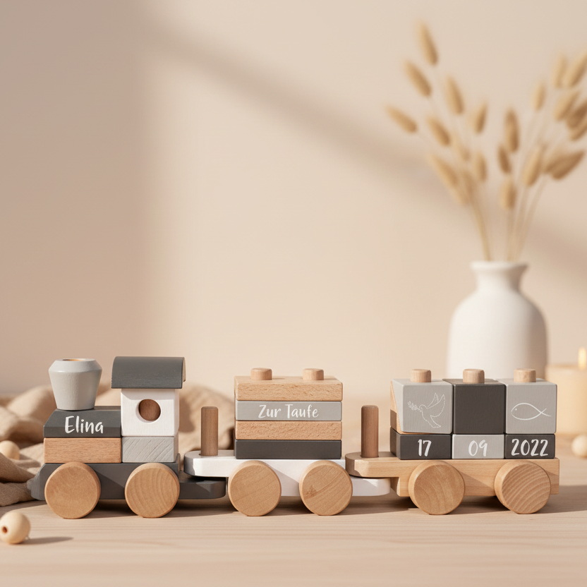 personalisierter Holzzug zur Taufe mit Name und Geburtsdaten – hochwertiges Holzspielzeug als Taufgeschenk