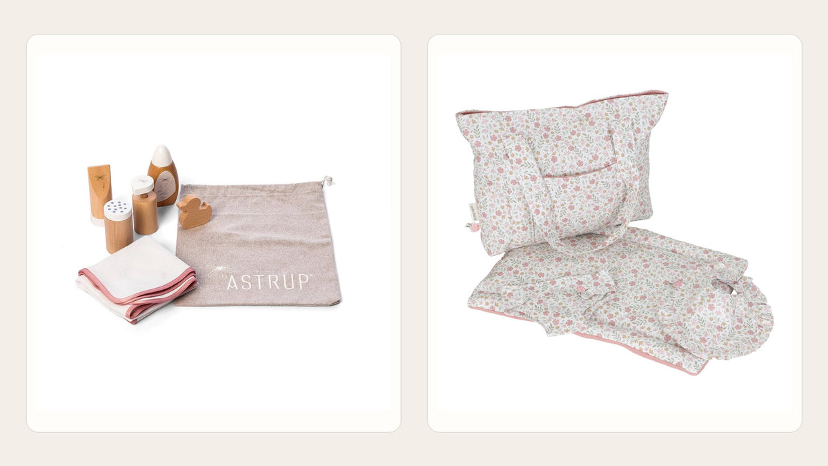Zwei unveränderte Original-Shopfotos: byAstrup Puppen-Pflegeset und Little Dutch Puppenwickeltasche Soft Flowers in getrennten hellen Bildkacheln.