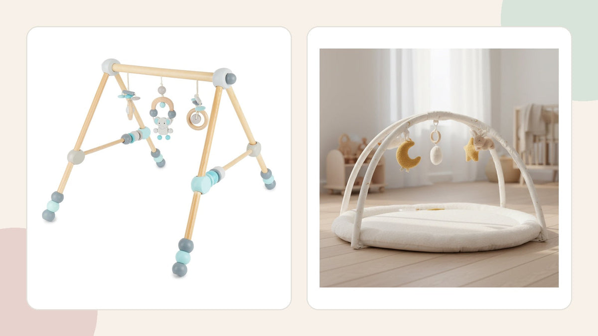 Zwei unveränderte Original-Shopfotos: höhenverstellbarer Bieco Holz-Spielbogen Elefant und Little Dutch Aktivitätsspieldecke Newborn Naturals in getrennten hellen Bildkacheln.