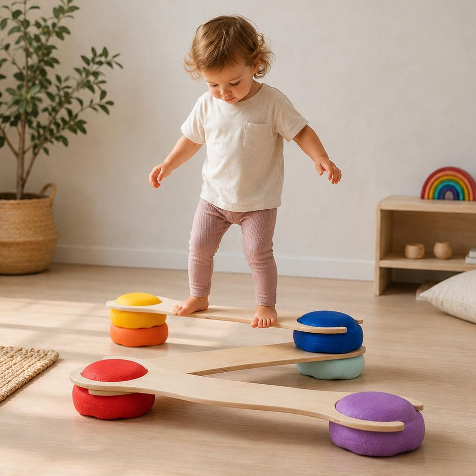 Kleinkind spielt auf einem Balance Board mit Holzspielzeug – Symbolbild für besondere Tage für Kinder, Weltspieltag, Familienzeit und spielerische Entwicklung.