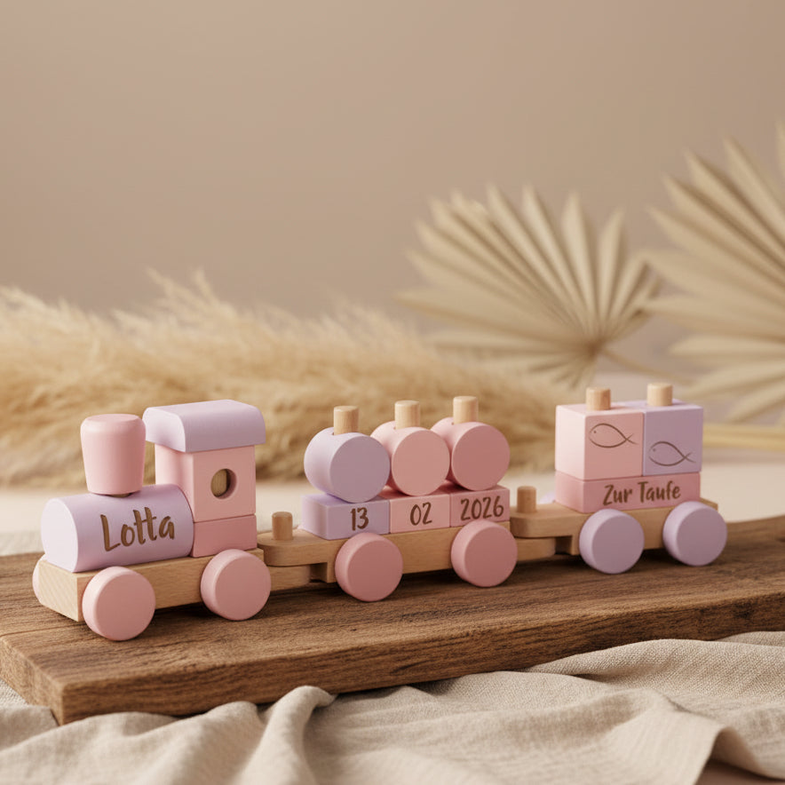 Holzzug personalisiert mit Name – Geschenk zur Geburt mit Geburtsdaten