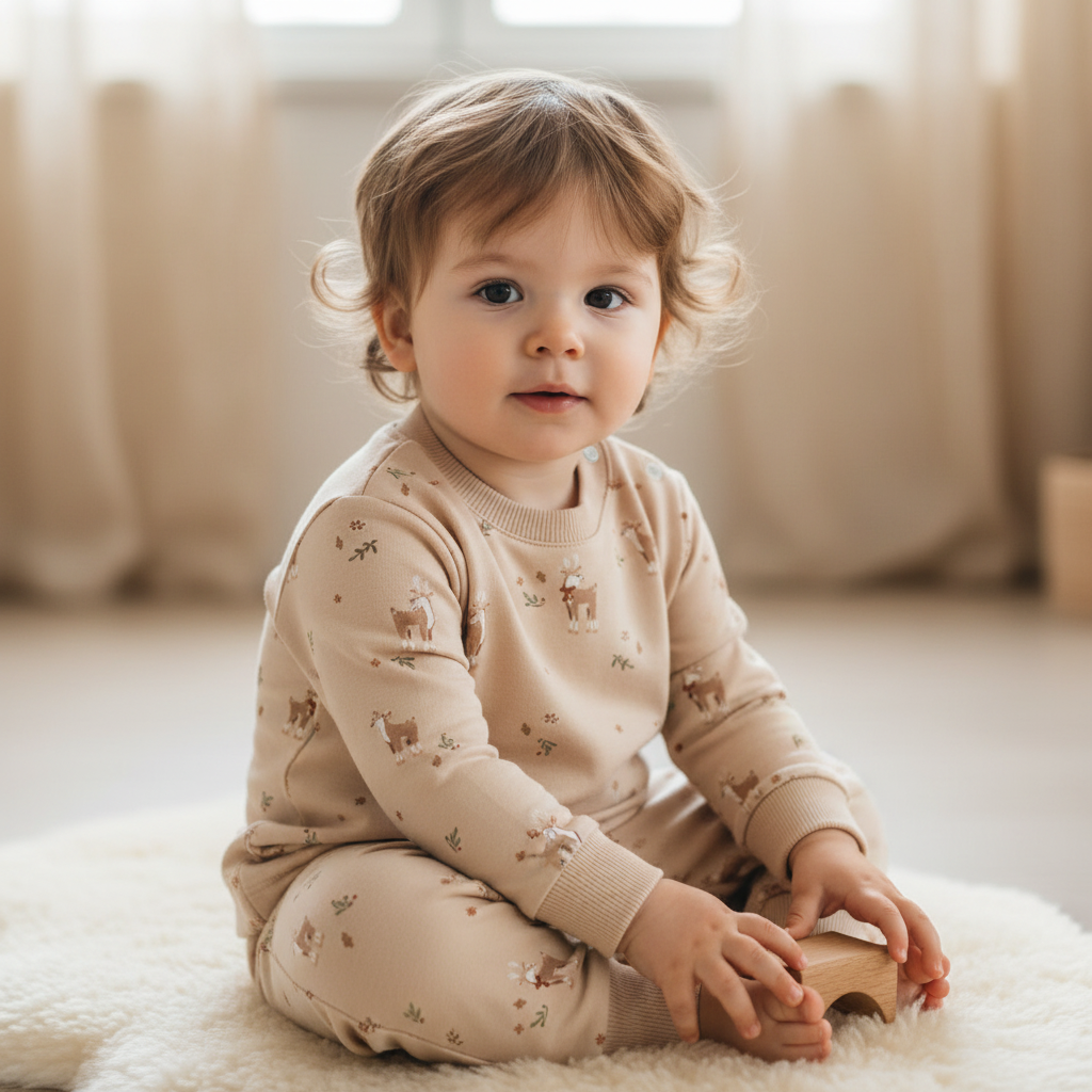 Baby in beigem Schlafanzug im Kinderzimmer