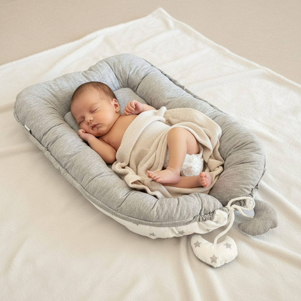 Schlafendes Baby in weichem Babynest in sanften Naturfarben – liebevolle Baby-Erstausstattung von Schmatzepuffer