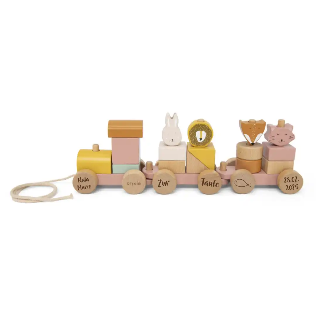 Personalisierter Holz-Zug Tiere Frau Katze – Geschenk zur Taufe | Schmatzepuffer