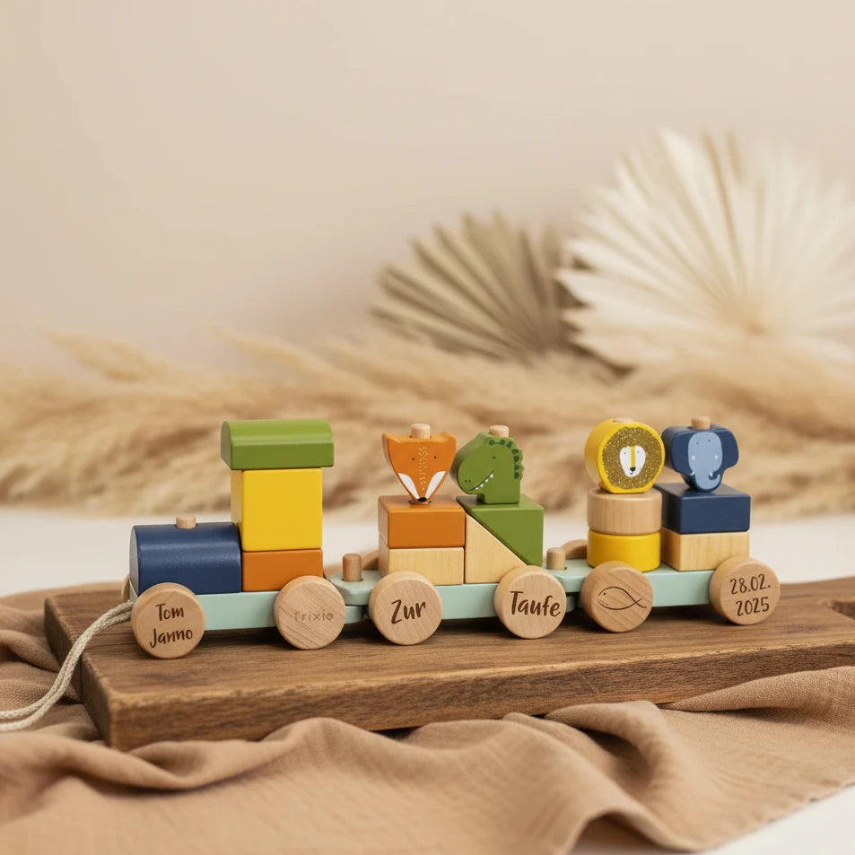 Train en bois personnalisé avec animaux – Cadeau de baptême | Schmatzepuffer