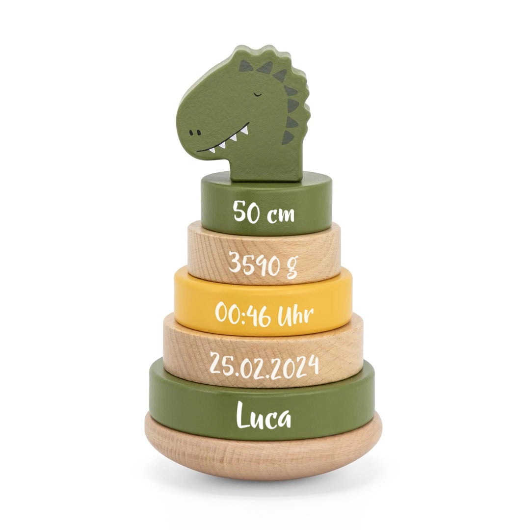 Personalized Wooden Stacking Tower Mr. Dino – Birth Gift | Schmatzepuffer