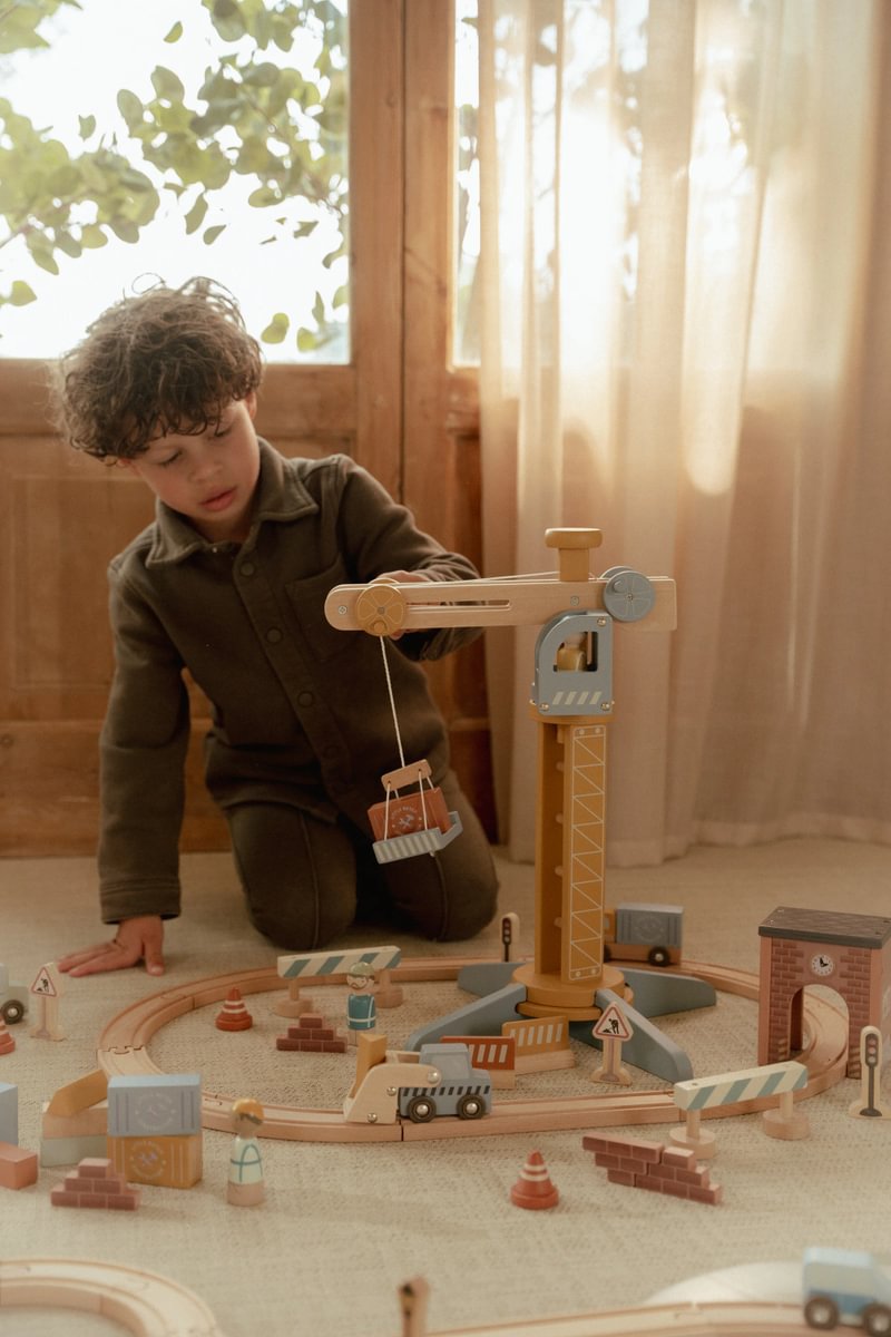 Holz Baukran Spielset für Holzeisenbahn Baustellen | Schmatzepuffer
