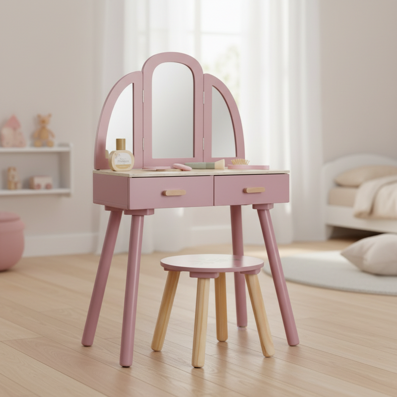 Wooden Children's Dressing Table – Vanity with Mirror & Accessories