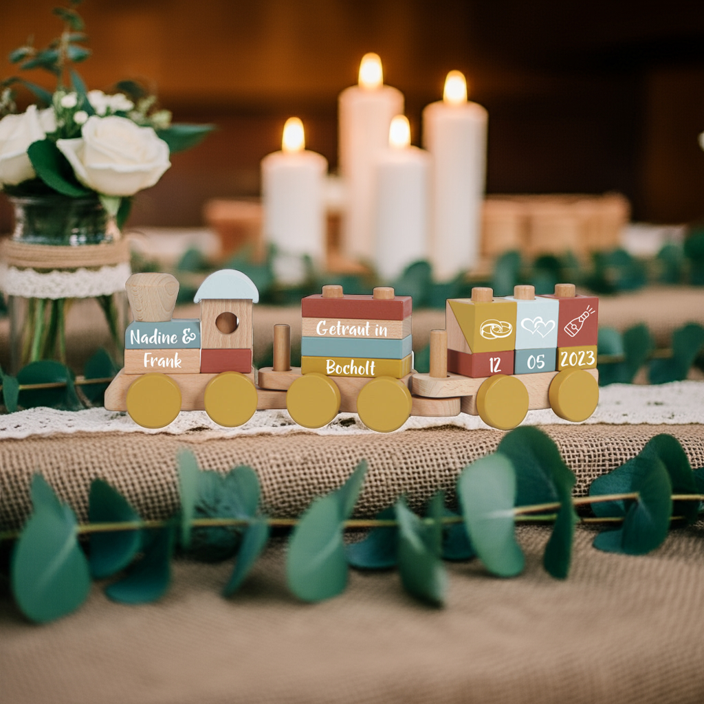 Personalisierter Holzzug Pure & Nature – Hochzeitsgeschenk mit Namen