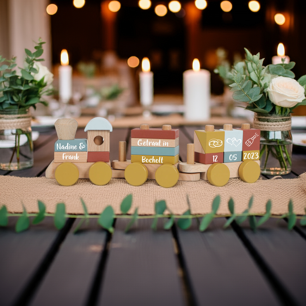 Personalisierter Holzzug Pure & Nature – Hochzeitsgeschenk mit Namen