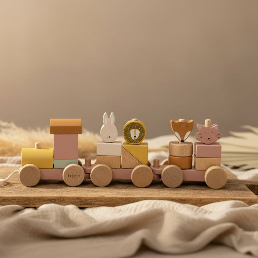 Personalisierter Holz-Zug Tiere Frau Katze – Geschenk zur Geburt | Schmatzepuffer