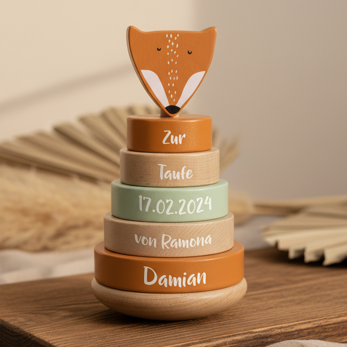 Wooden Stacking Tower Mr. Fox – Christening Gift | Schmatzepuffer