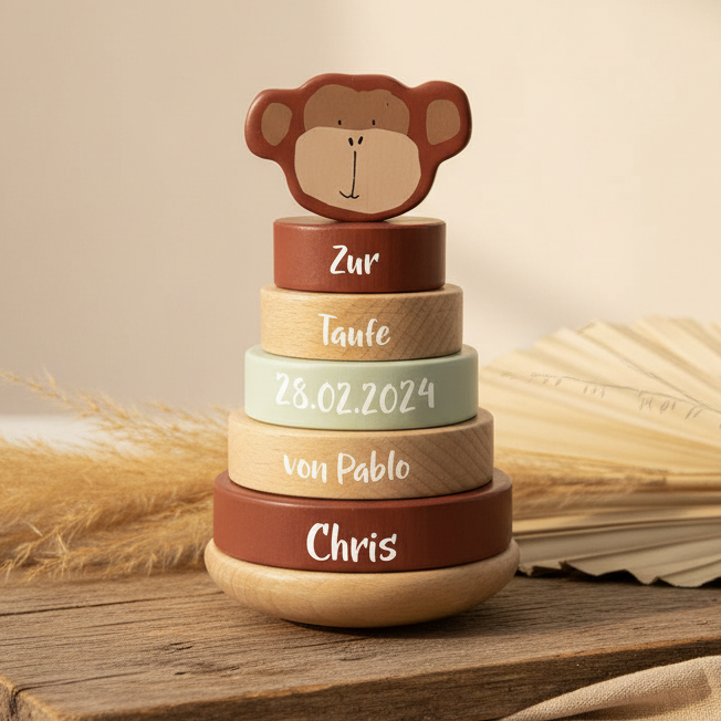 Wooden Stacking Toy Mr. Monkey – Christening Gift | Schmatzepuffer