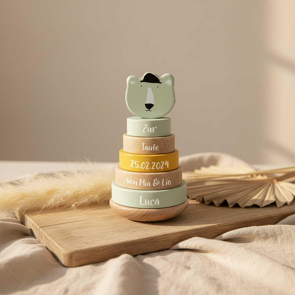 Wooden Stacking Tower Mr. Polar Bear – Christening Gift | Schmatzepuffer