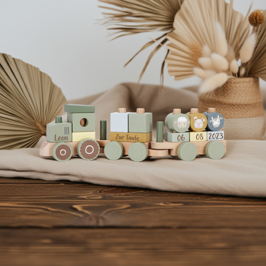 Train en bois personnalisé Little Farm avec nom – Cadeau de baptême | Schmatzepuffer