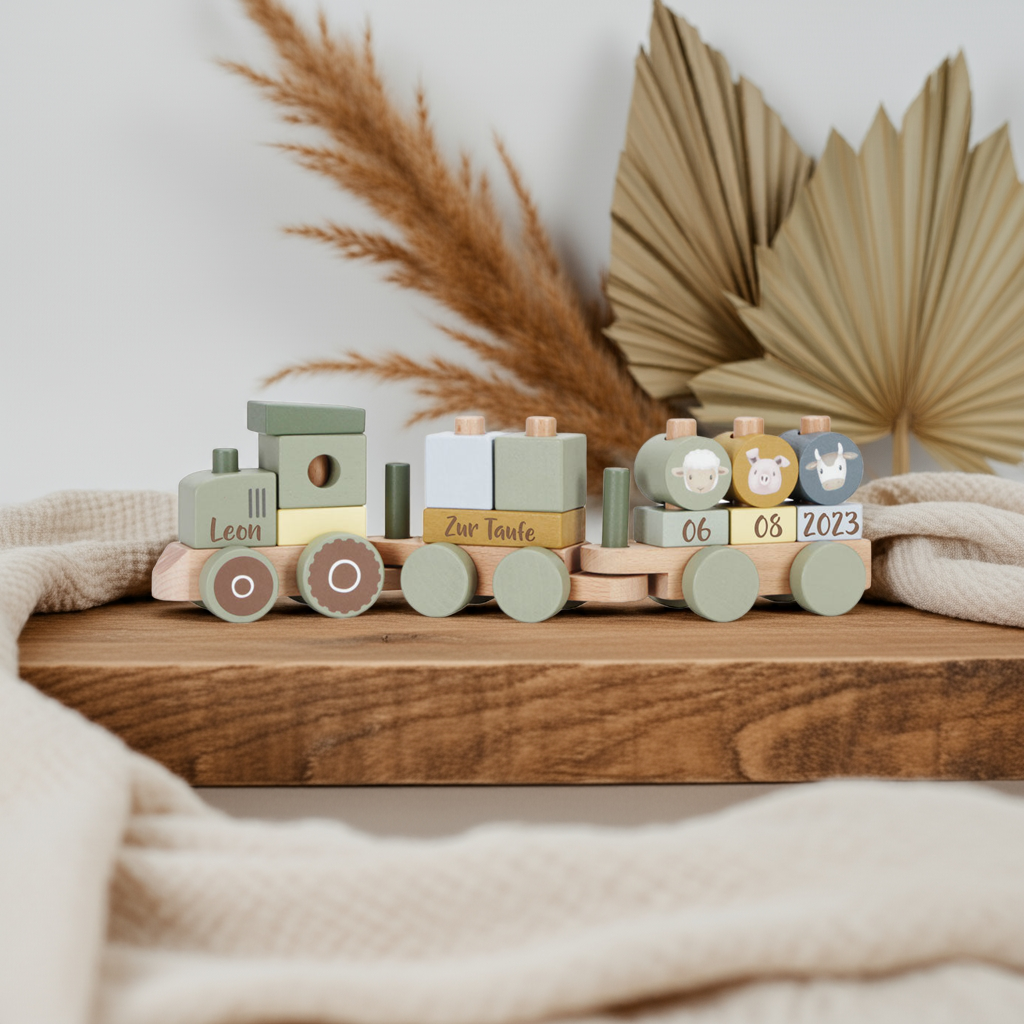 Train en bois personnalisé Little Farm avec nom – Cadeau de baptême | Schmatzepuffer
