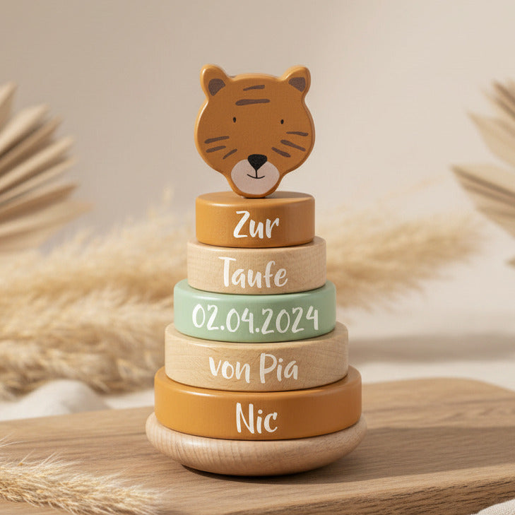 Stapelturm Holz Herr Tiger – Geschenk zur Taufe | Schmatzepuffer