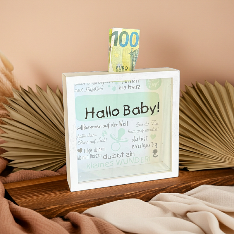 Spardose Hallo Baby – Geldgeschenk zur Geburt | Schmatzepuffer