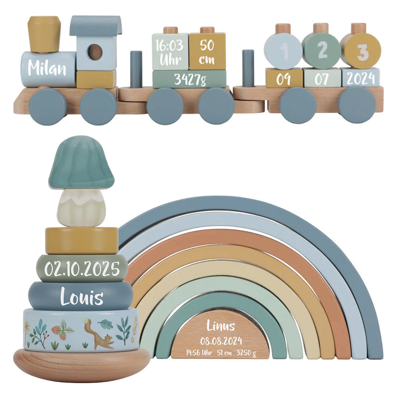 Personalized Gift Set Wooden Train - Stacking Tower - Rainbow - Gift for Birth