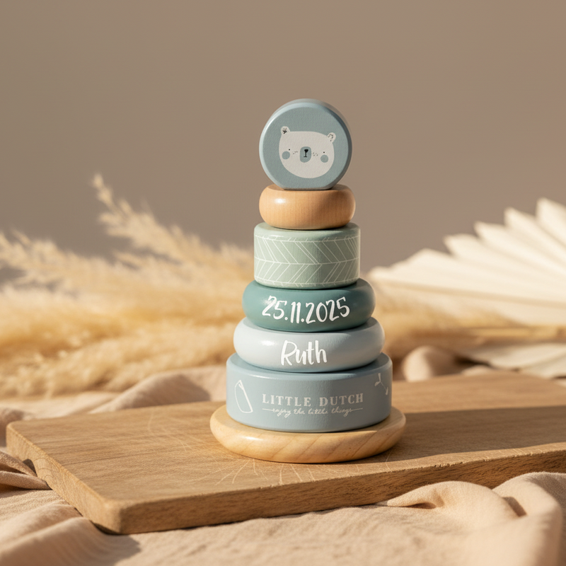 Personalisierter Stapelturm Adventure Blau – Geschenk zur Geburt | Schmatzepuffer