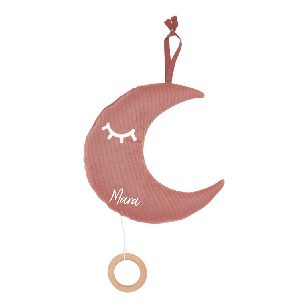 Personalisierte Spieluhr Mond mit Namen – Altrosa Baby-Spieluhr mit Melodie