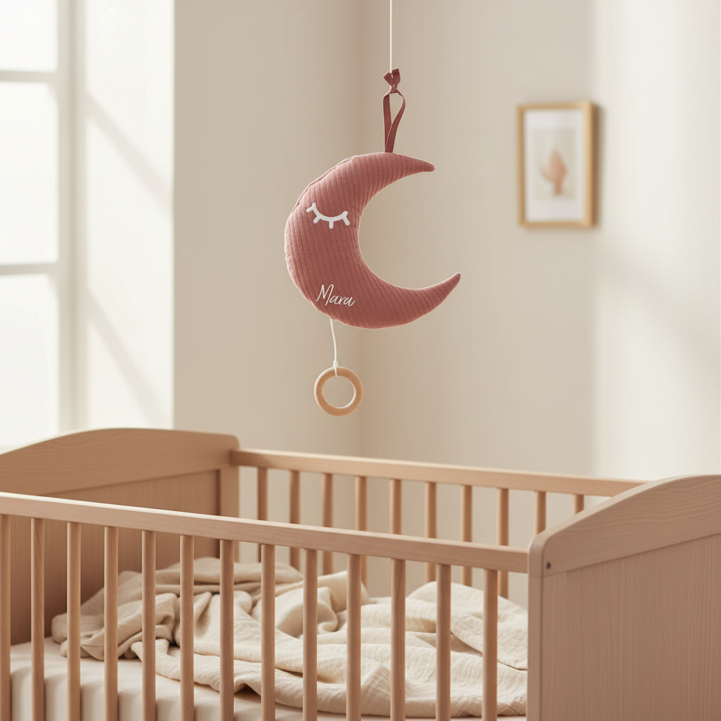 Personalisierte Spieluhr Mond mit Namen – Altrosa Baby-Spieluhr mit Melodie
