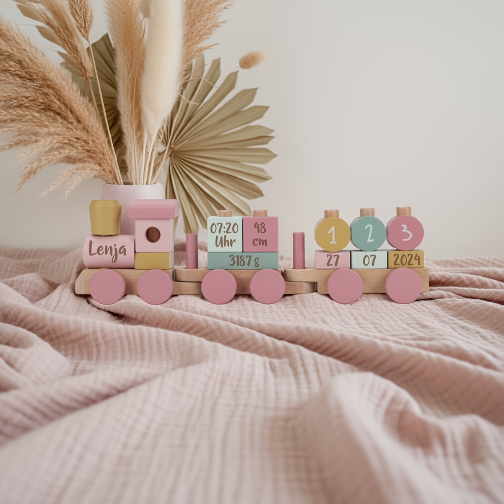 Train en bois personnalisé Jardin enchanté – Cadeau de naissance