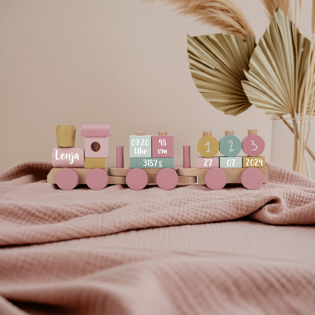 Train en bois personnalisé Jardin enchanté – Cadeau de naissance