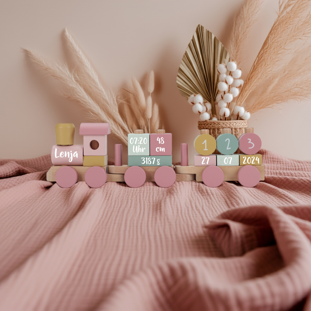 Train en bois personnalisé Jardin enchanté – Cadeau de naissance