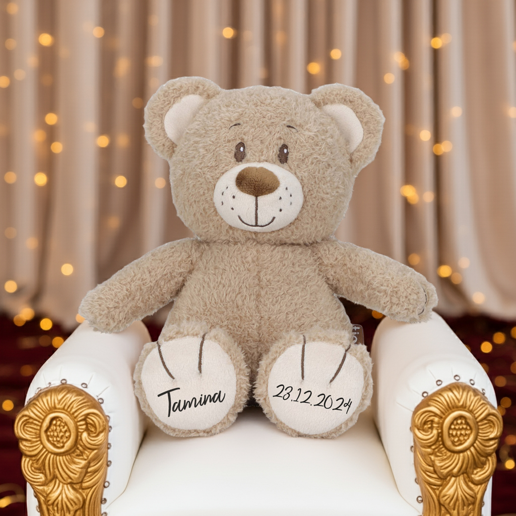 Personalisierter Teddybär mit Name – Geschenk zur Geburt & Taufe| Schmatzepuffer