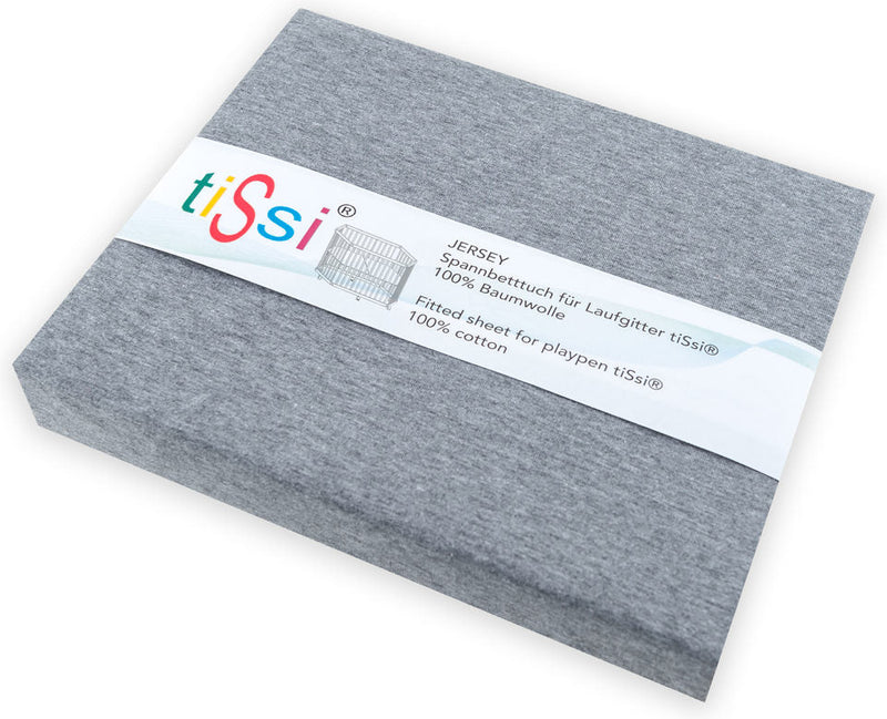 A folded grey “Spannbettlaken Laufgitter 6-eckig, grau | tiSsi” fitted sheet for playpens, labeled “tiSsi,” made of 100% cotton and suitable for hexagonal playpen beds.
