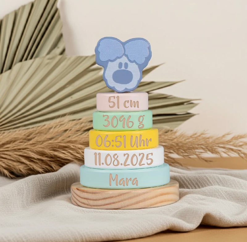Personalisierter Stapelturm Wusel Baby – Geschenk zur Geburt | Schmatzepuffer