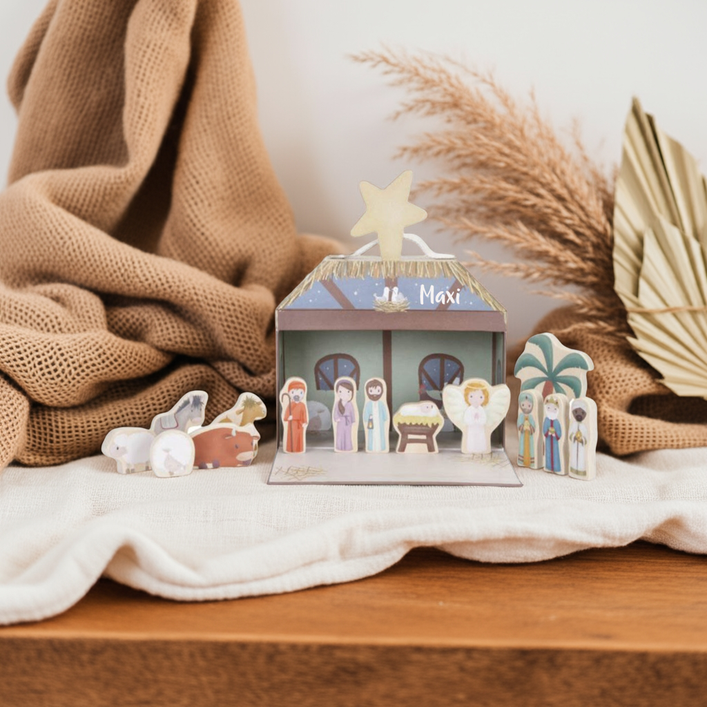 Personalisierte Weihnachtskrippe aus Holz – liebevolles Krippenspiel für Kinder