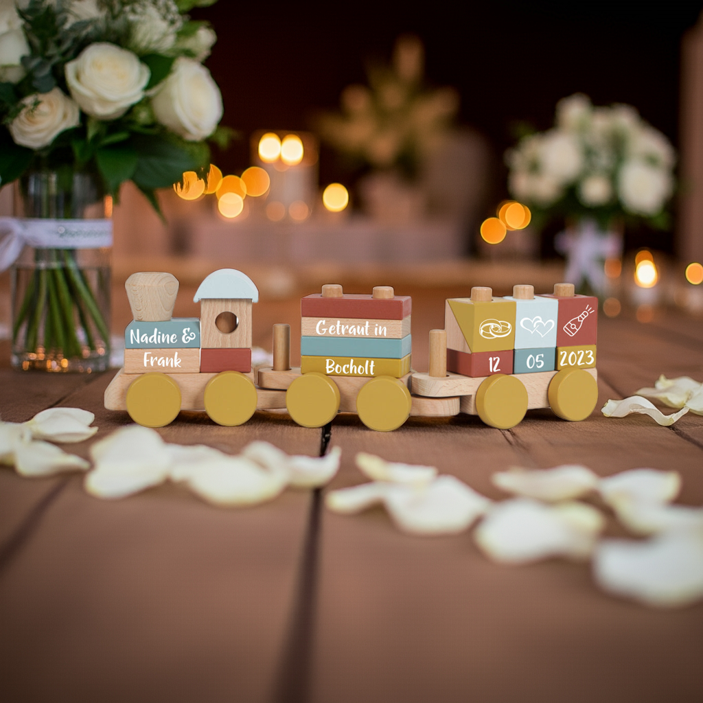 Personalisierter Holzzug Pure & Nature – Hochzeitsgeschenk mit Namen
