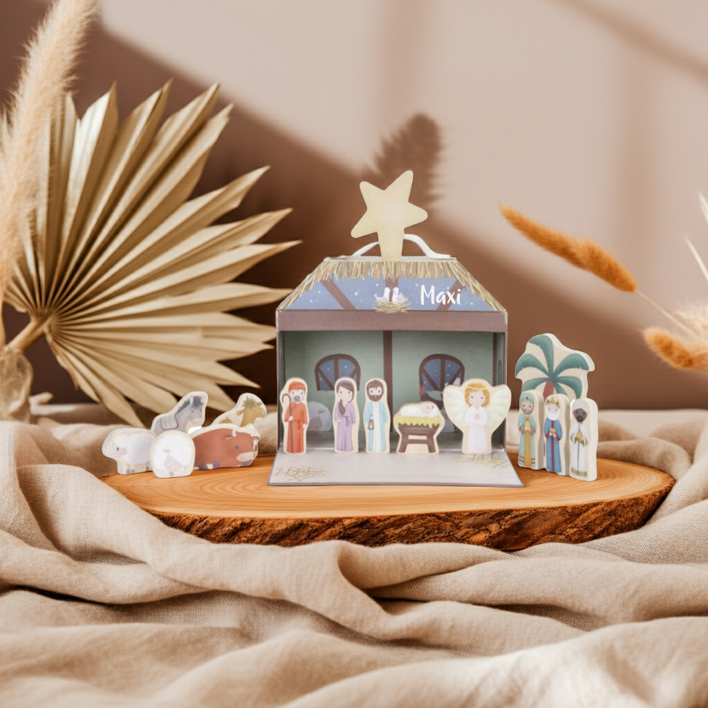Christmas nativity scene with toy suitcase