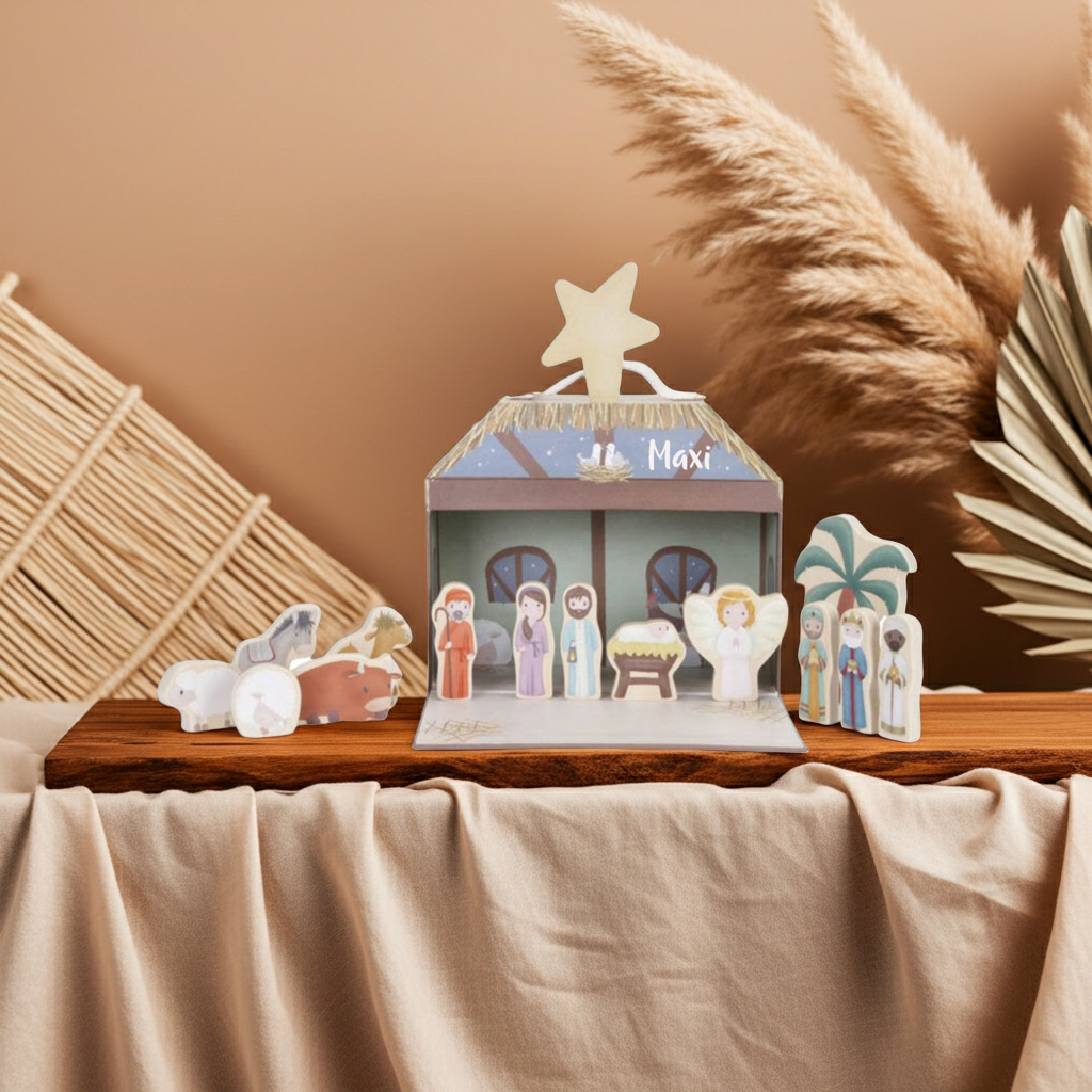 Christmas nativity scene with toy suitcase
