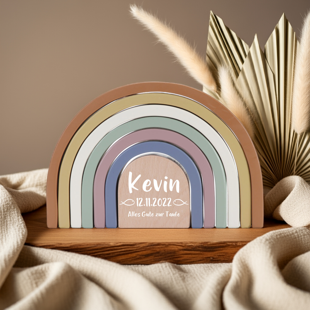 Personalized Rainbow Stacking Tower Vintage for Christening – Printed Wood | Schmatzepuffer
