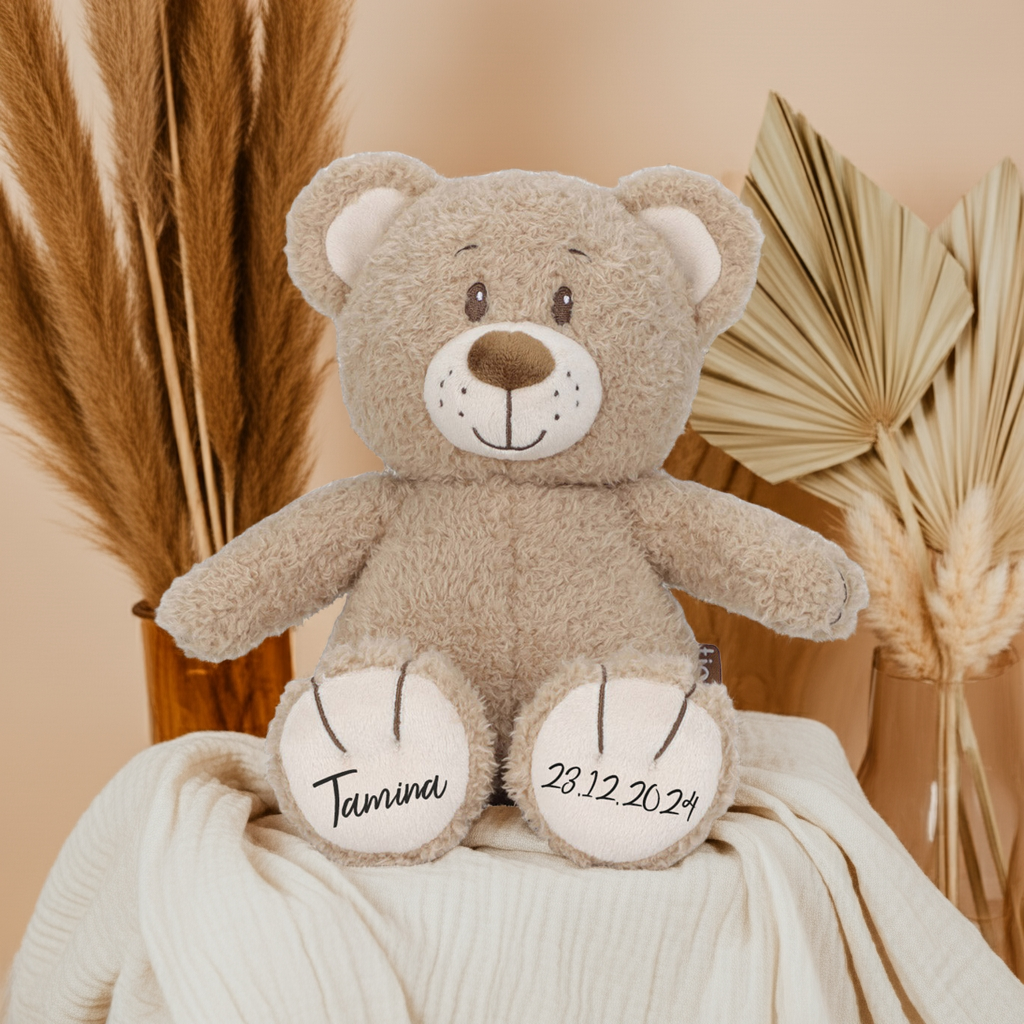 Personalisierter Teddybär mit Name – Geschenk zur Geburt & Taufe| Schmatzepuffer