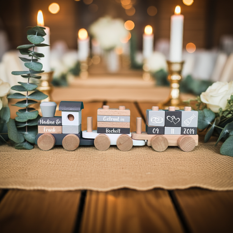 personalisiertes hochzeitsgeschenk holzzug mit namen und datum als romantische tischdeko mit kerzen fuer das brautpaar zur erinnerung an die hochzeit