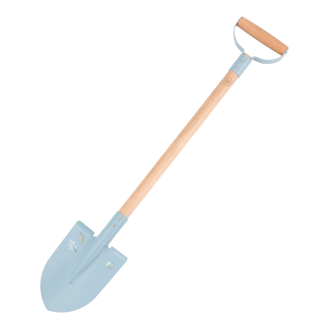 Kinder-Gartenschaufel in Blau mit stabilem Holzstiel und Metallblatt in Schrägansicht. Robustes Gartenspielzeug für Sandkasten, Strand und Garten.