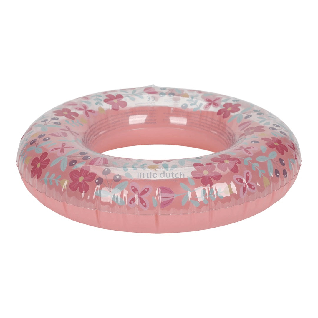 Kinder-Schwimmring Pink Blumen mit 50 cm Durchmesser in der Seitenansicht. Der aufblasbare Schwimmring mit floralem Design ist ideal für Pool, Strand, Garten und sommerlichen Wasserspaß mit Kindern.