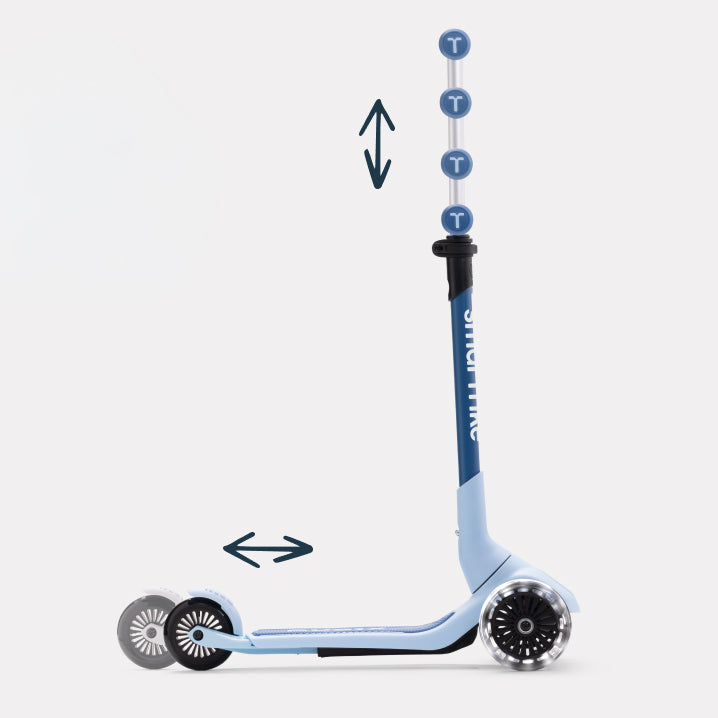 Kinder Scooter in Blau mit höhenverstellbarem Lenker und flexibler Lenkung, Seitenansicht mit Einstellmöglichkeiten