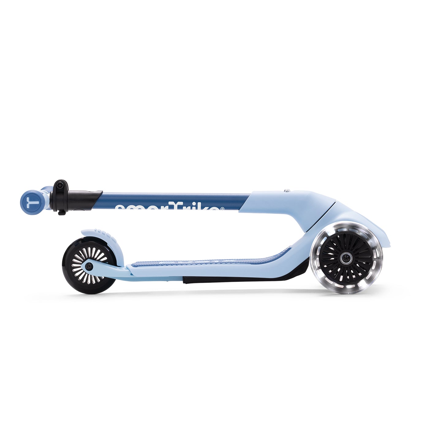 Kinder Scooter in Blau zusammengeklappt in Seitenansicht, platzsparend und leicht zu transportieren