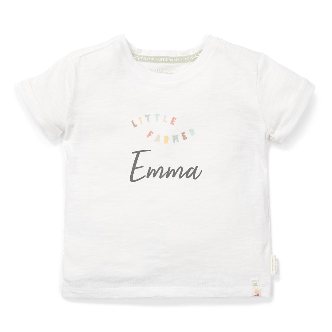 Weißes Kinder T-Shirt Little Farm mit Bauernhof-Motiv und personalisiertem Namen für Mädchen und Jungen