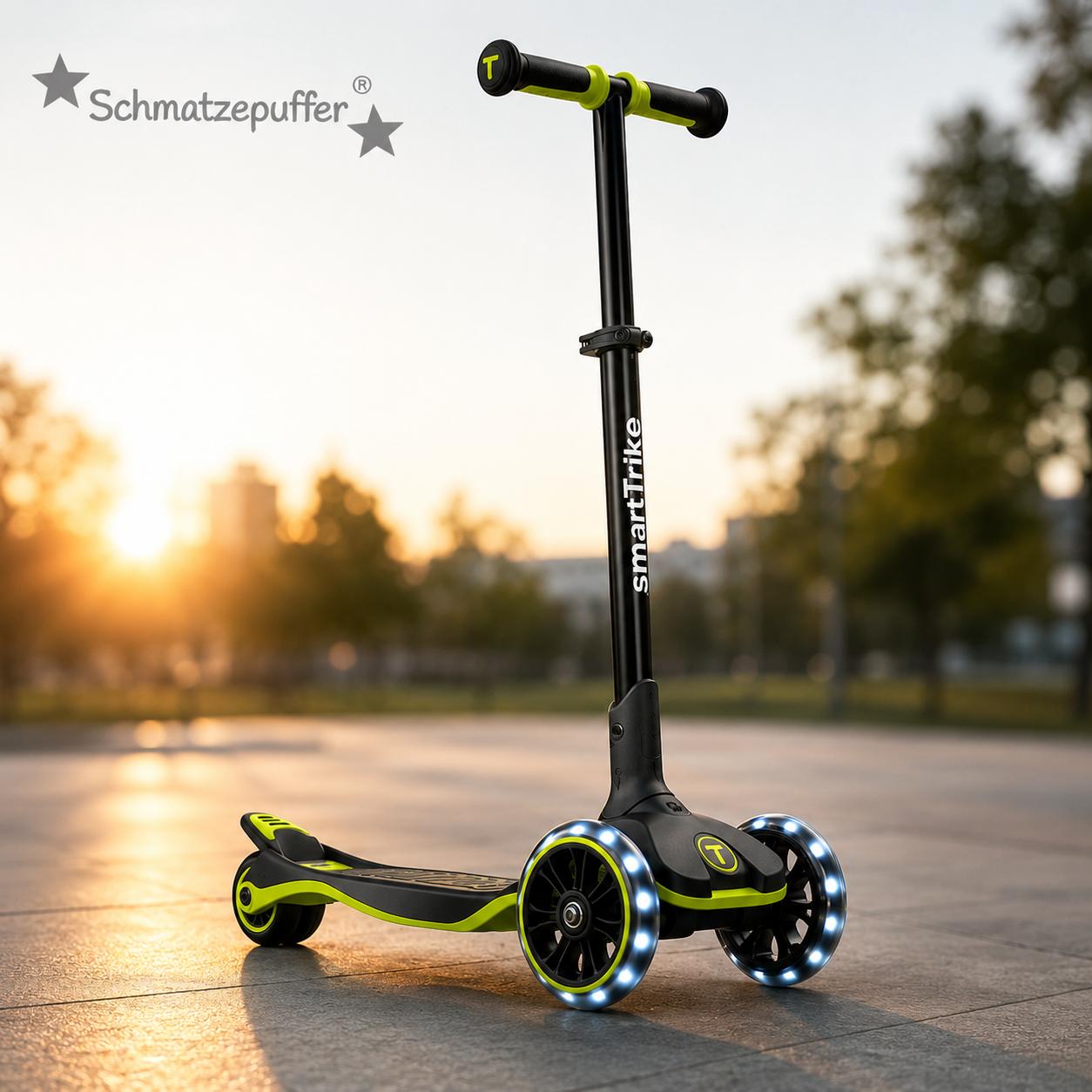Kinderroller mit LED Rädern Lime mitwachsend faltbar im Park bei Sonnenuntergang – moderner Scooter für Kinder