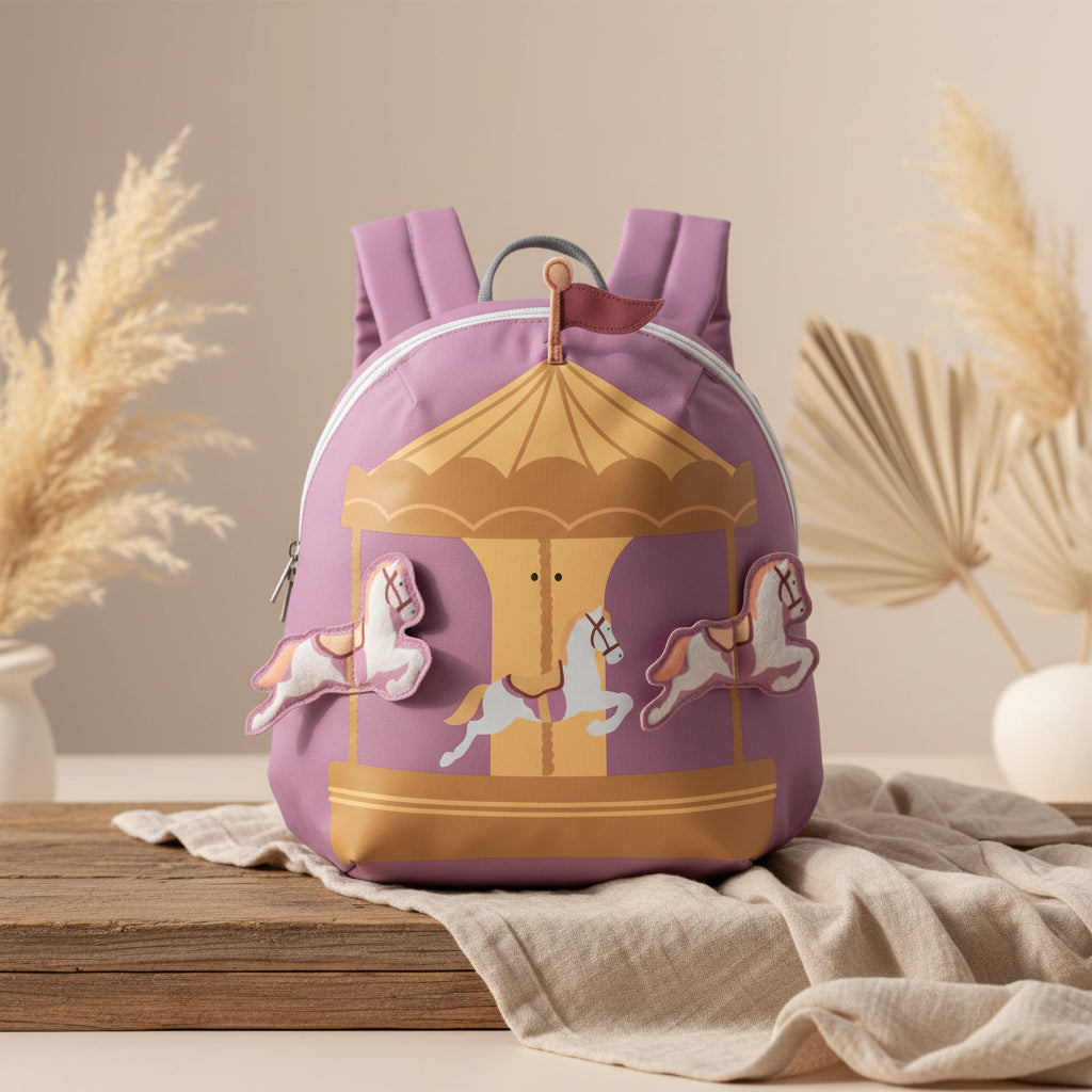 Kinderrucksack mit Karussell Motiv aus der Tiny Drivers Kollektion fuer Kindergarten, Ausfluege und den Alltag mit praktischem Stauraum