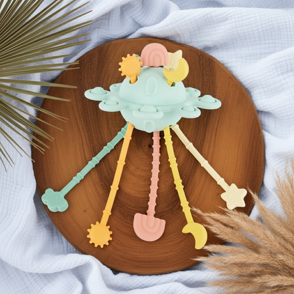 Jouet d'activité Montessori en silicone Planète - Eucalyptus | bieco