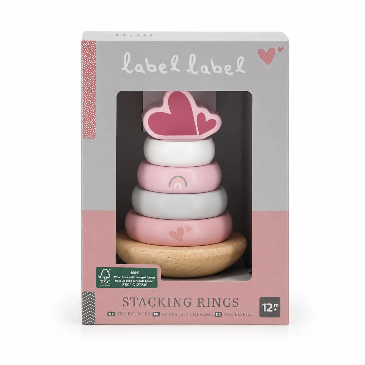 Wooden Stacking Tower Balance Pink by Label Label - Motor Skills Toy with Stacking Rings for Babies from 12 Months